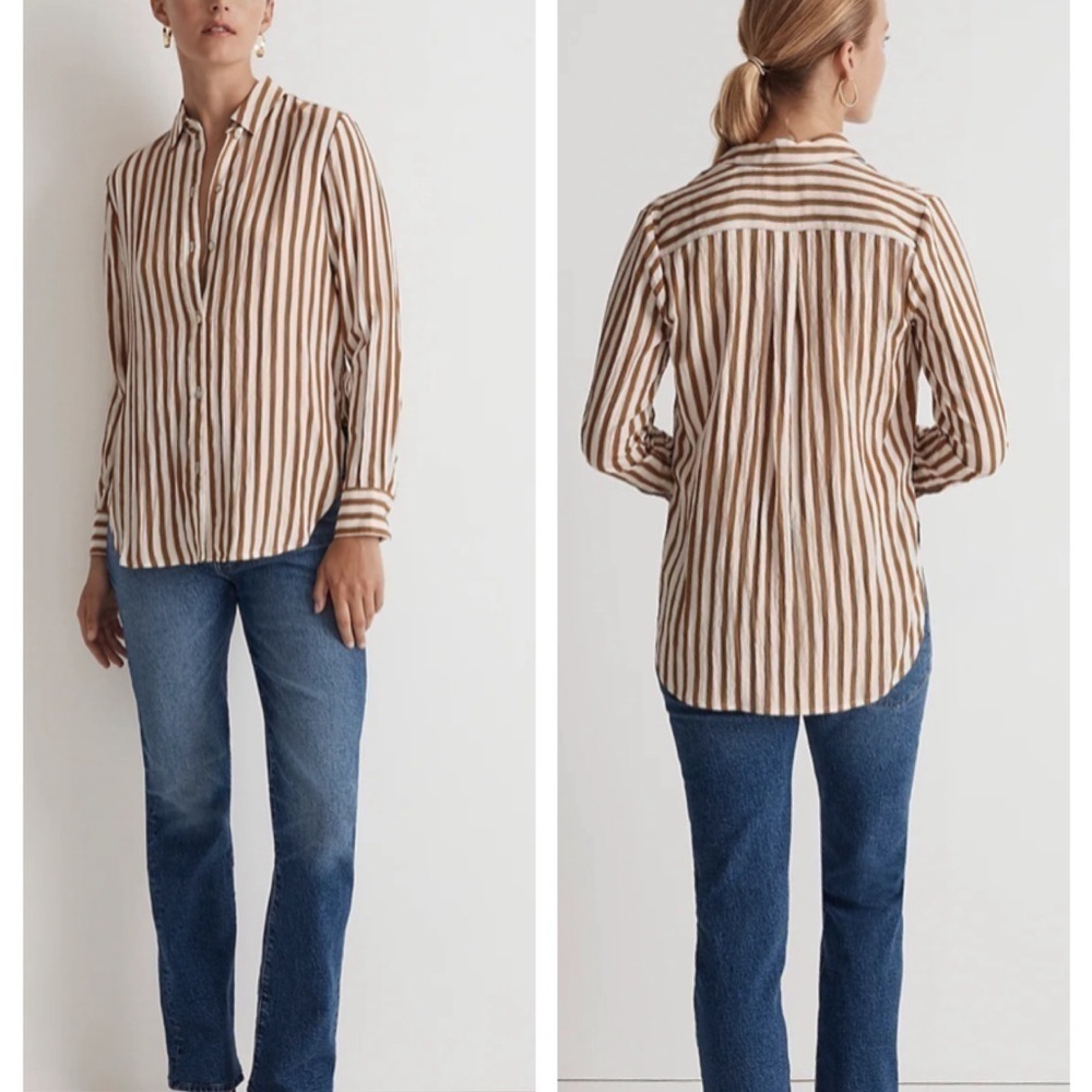 Madewell Crinkled Button Up Shirt Toffee Brown Striped XS - Picture 10 of 10